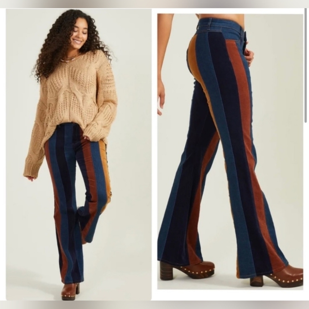 TRACTR "Daisy" Denim & Suede Striped Flares Woman Jeans Mixmedia Suzs 6/28